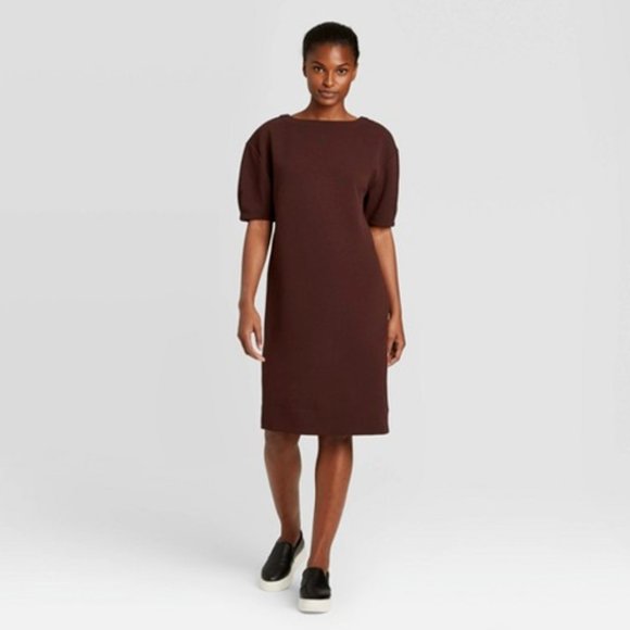 Textured Burgundy/Brown Puff Sleeve Dress - Picture 3 of 6